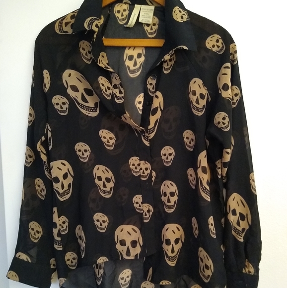 Kate Collection Tops - Kate Collection Black & Tan Sheer Skull Blouse